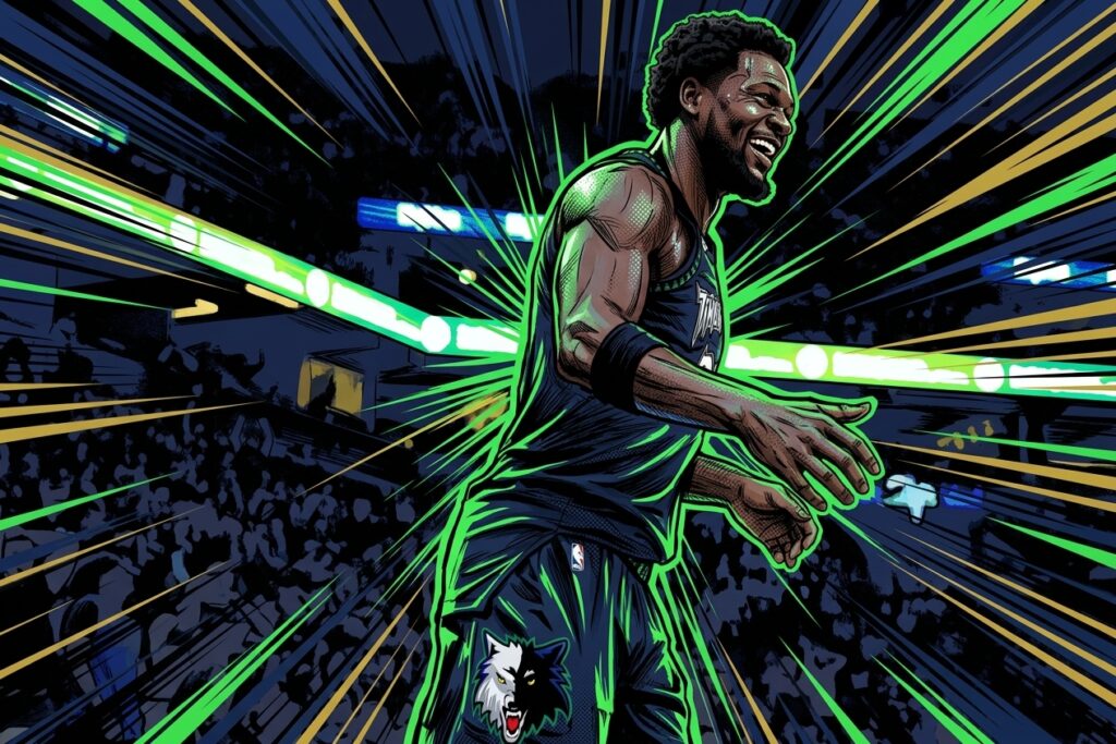 Comic book style illustration of Julius Randle celebrating during Timberwolves historic overtime comeback vs Rockets